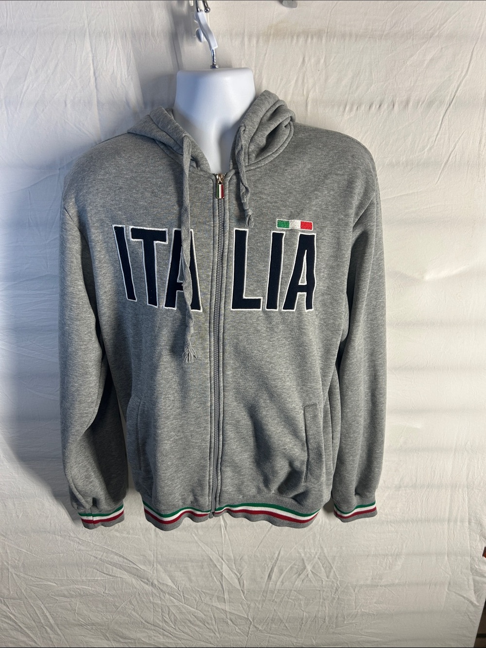 h.i.p. Grey Zip-Up Hoodie with Navy Italia Lettering and Tricolore Trim